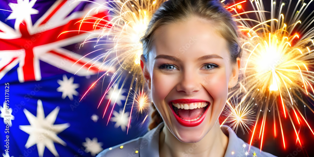 Close Up Portrait Person Australian Fireworks Background Joyful Expression Vibrant Colors Celebration National Pride Ample Copy Space Photo Stock Concept Close Up Portrait Person Australian Fireworks Background Joyful Expression Vibrant Colors Celebration National Pride Ample Copy Space Photo Stock Concept
