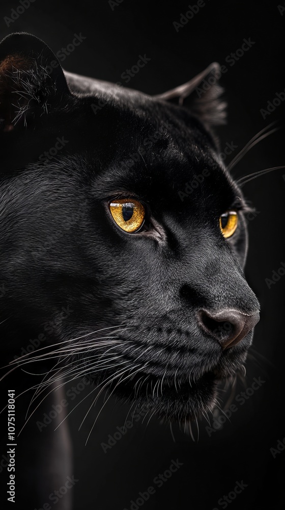 A close up of a black panther's face with yellow eyes A close up of a black panther's face with yellow eyes