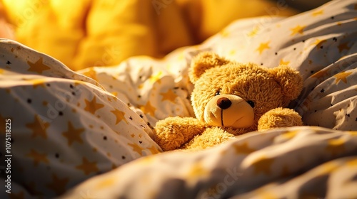 Cozy teddy bear resting on soft, star-patterned blanket in warm light. photo