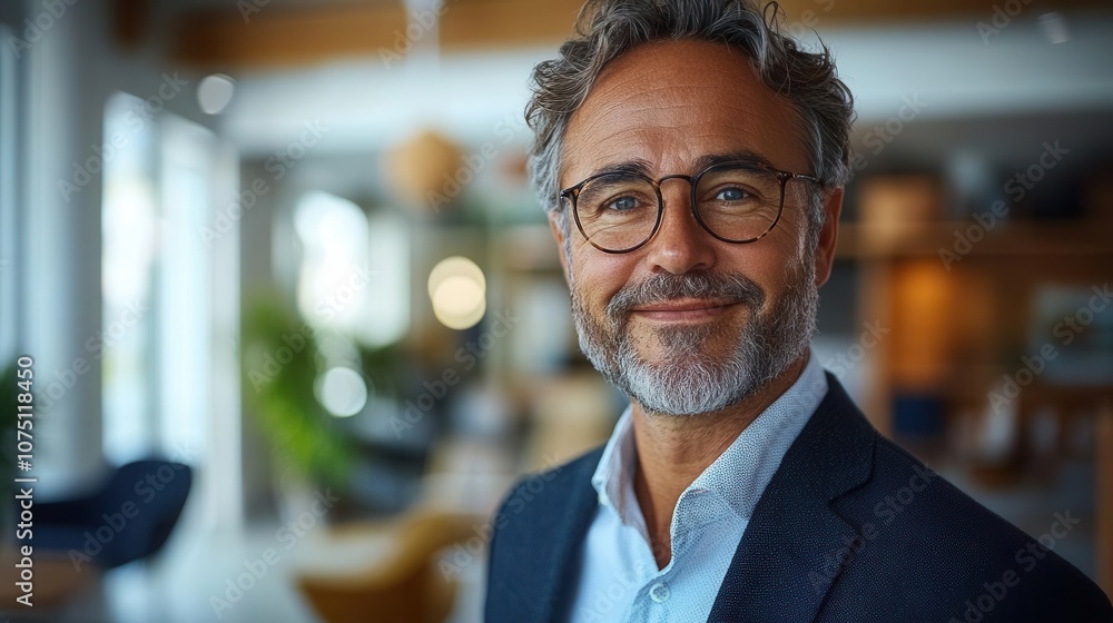 joyful and relaxed mid-aged business executive, smiling confidently in a modern office setting, reflecting professional achievement and positivity joyful and relaxed mid-aged business executive, smiling confidently in a modern office setting, reflecting professional achievement and positivity