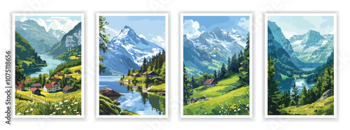 Wilderness and Natural Landscape. Vector illustration of forests, mountains, rivers, and wildlife. Editable artwork for posters, covers, or outdoor-themed designs.
