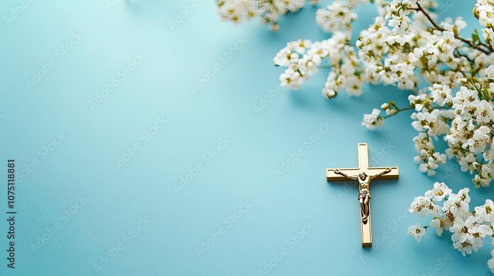 Golden cross with white flowers on a blue background, peaceful and serene. Golden cross with white flowers on a blue background, peaceful and serene.