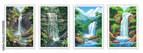 Vector illustration of a majestic waterfall cascading down a rocky cliff surrounded by lush greenery. Ideal for nature-themed designs, posters, and scenic artwork
