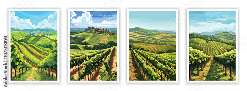 Vineyard scenery background with rolling hills and grapevines