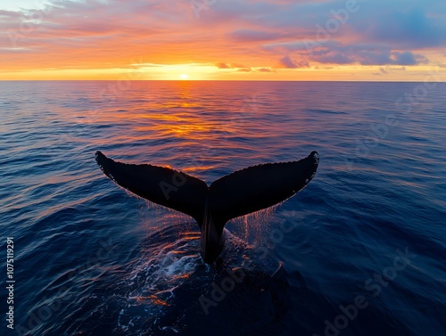 A whale tail flups out of the water at sunset photo