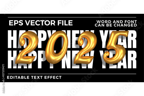 Happy new year 2025 golden inflated editable vector text effect