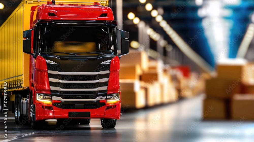 Red truck with yellow trailer in a busy warehouse setting, blurred background. Red truck with yellow trailer in a busy warehouse setting, blurred background.