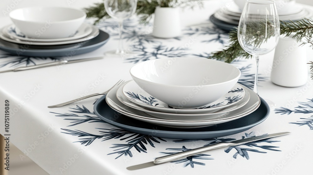 A beautifully set dining table with elegant dishware and decorative greenery. A beautifully set dining table with elegant dishware and decorative greenery.