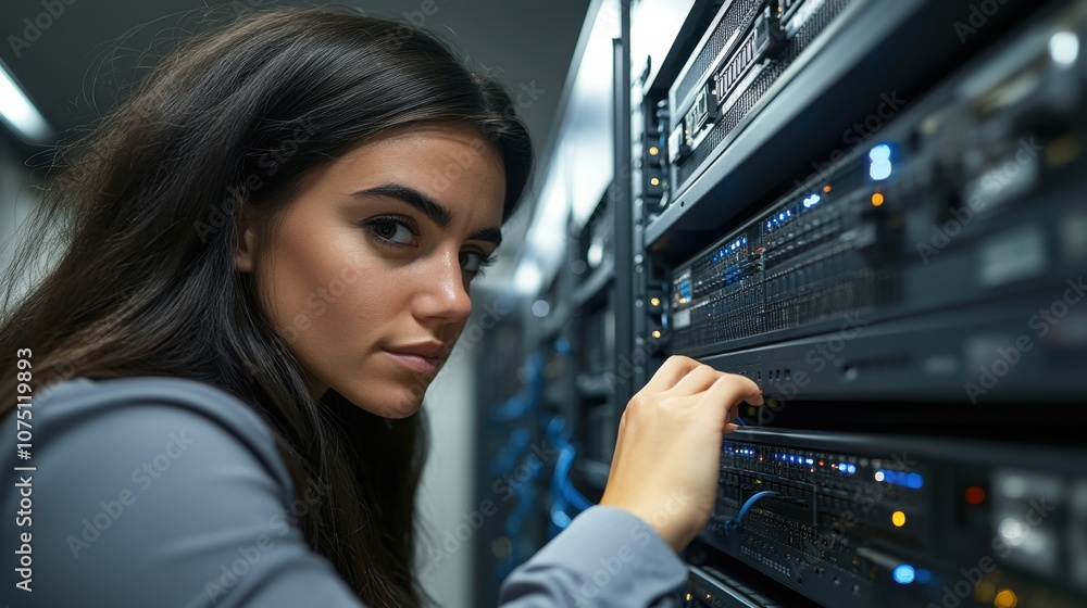 Attentive Woman Configuring IT Network Equipment Attentive Woman Configuring IT Network Equipment