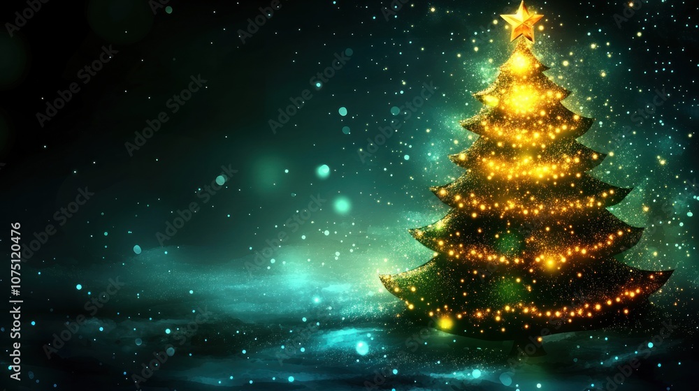 A glowing Christmas tree adorned with lights and a star, set against a dark, snowy background. A glowing Christmas tree adorned with lights and a star, set against a dark, snowy background.