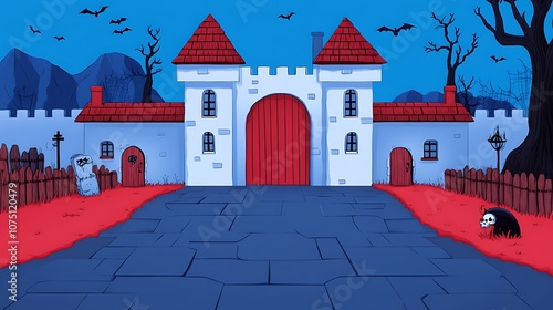 Spooky Halloween Castle with Red Roof and Bats photo