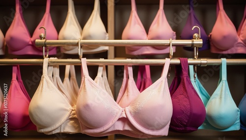 Display of bras on racks within a retail environment photo