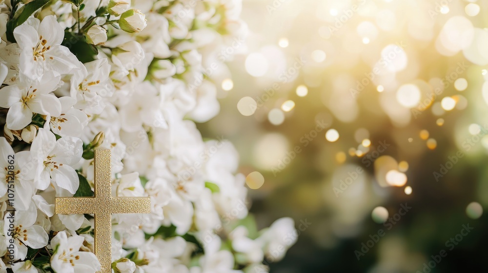 Wooden cross against vibrant white flowers with soft bokeh background. Wooden cross against vibrant white flowers with soft bokeh background.