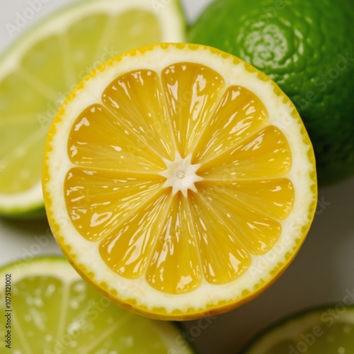 Close-up of water droplets on a juicy lemon against a fresh lime backdrop perfect for veganvegetarian messaging with ample room for text insertion photo