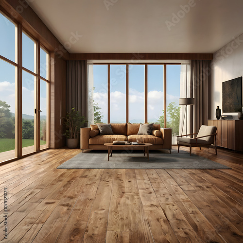 Arafed living room with a couch and a chair and a large window