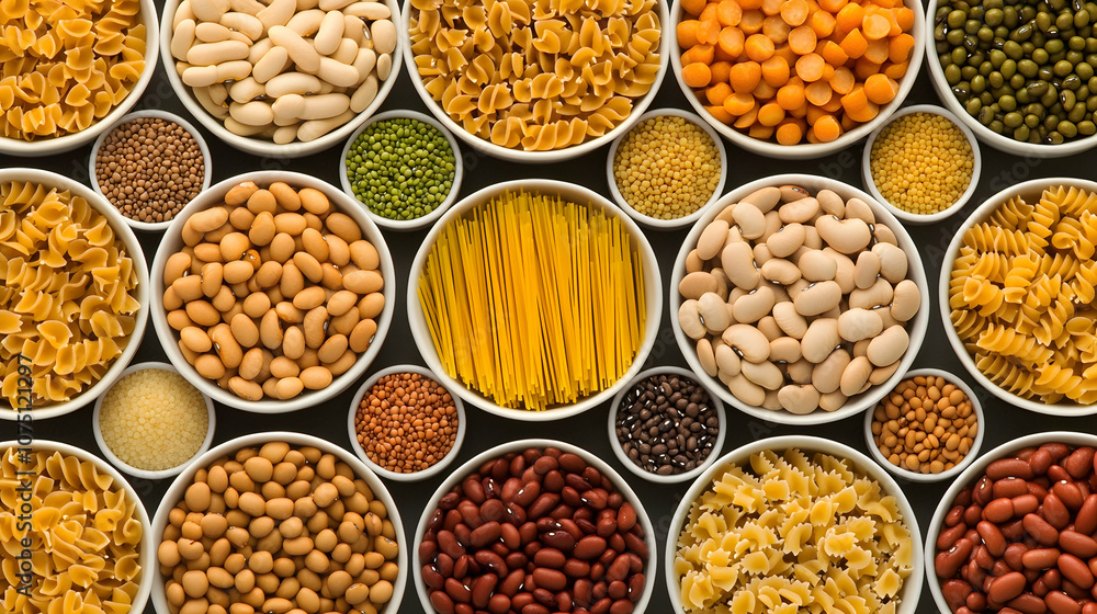 Assortment of Dried Beans, Lentils, Pasta, and Grains in Bowls, variety, food, ingredients, cooking, kitchen Assortment of Dried Beans, Lentils, Pasta, and Grains in Bowls, variety, food, ingredients, cooking, kitchen