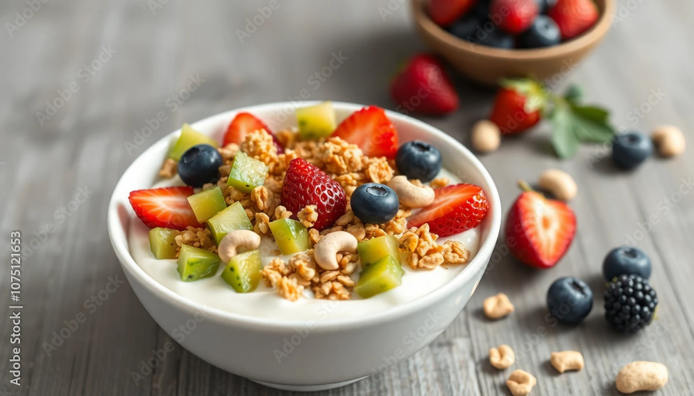 Yogurt with fresh berries and granola on wooden table, closeup, strawberries, blackberries, kiwi, fresh berries with granola Yogurt with fresh berries and granola on wooden table, closeup, strawberries, blackberries, kiwi, fresh berries with granola