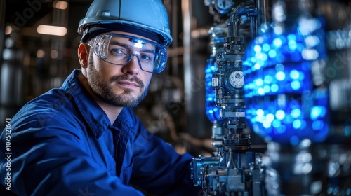 Engineer in Dark Room with Neon Blue Lights Reflection photo