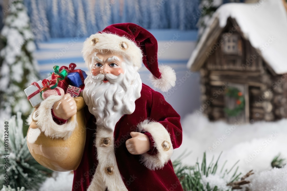Obraz premium Santa Claus figurine holding a bag of gifts in a snowy winter scene.