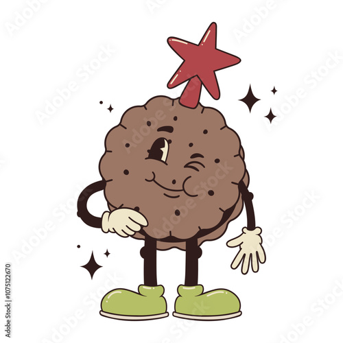 Vector hand drawn Christmas mascot winking round biscuit with hat star on head