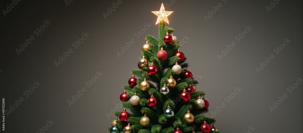 A decorated Christmas tree with ornaments and a star on top is an ideal subject for holiday greetings festive marketing materials and seasonal promotional projects - perfect for the Christmas theme A decorated Christmas tree with ornaments and a star on top is an ideal subject for holiday greetings festive marketing materials and seasonal promotional projects - perfect for the Christmas theme