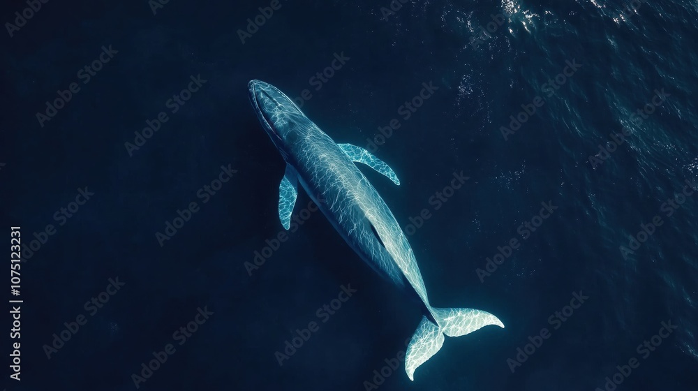 Fototapeta premium A whale is swimming in the ocean. The whale is large and has a long tail. The water is dark blue and the sky is clear