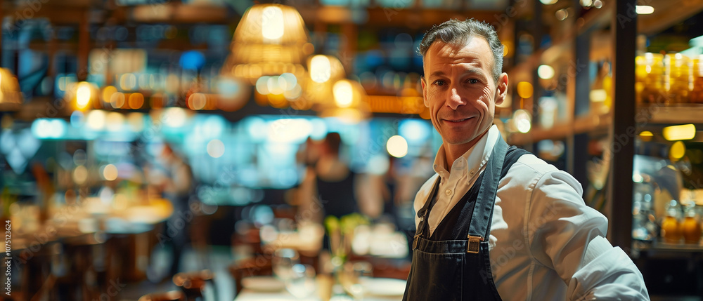 Friendly waiter with an apron, smiling warmly in a cozy restaurant. Blurred lights in the background create an inviting ambiance. Friendly waiter with an apron, smiling warmly in a cozy restaurant. Blurred lights in the background create an inviting ambiance.