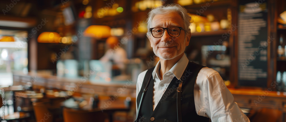 An older waiter with glasses standing in a rustic bar, smiling confidently. The background has warm lighting, creating a welcoming atmosphere An older waiter with glasses standing in a rustic bar, smiling confidently. The background has warm lighting, creating a welcoming atmosphere