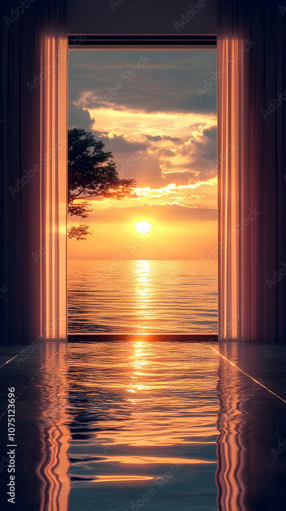 Fototapeta premium Illustration - Golden Sunset Ocean View Through Curtains