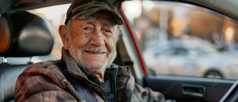 Older man wearing a plaid jacket, smiling warmly while driving his car. A peaceful, joyful moment on the road Older man wearing a plaid jacket, smiling warmly while driving his car. A peaceful, joyful moment on the road