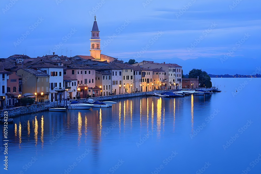 Obraz premium Photo - Serene Lakeside Town at Dusk with Church Tower