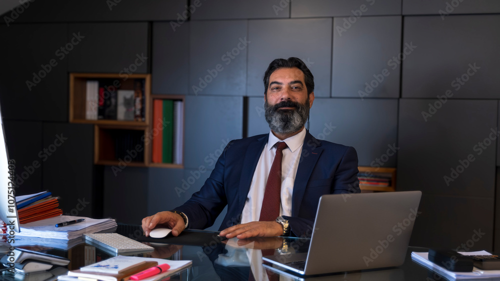 A middle-aged, dark-haired businessman in a suit is happily working at his desk in the office with his computer, smiling as he looks at the camera A middle-aged, dark-haired businessman in a suit is happily working at his desk in the office with his computer, smiling as he looks at the camera