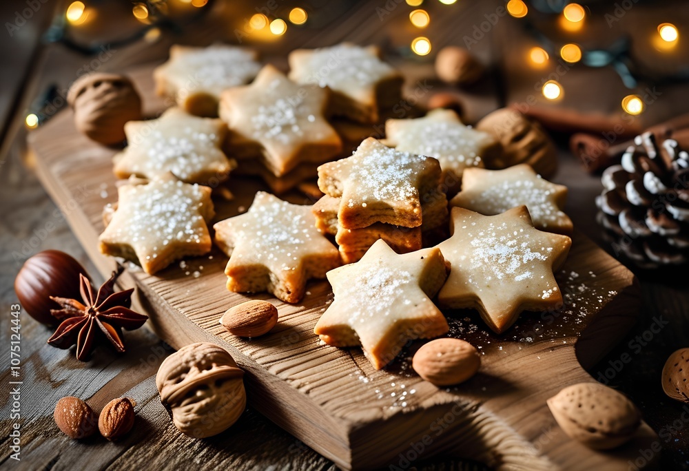 Fototapeta premium Star-shaped Christmas cookies with powdered sugar, cozy holiday treat