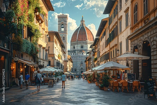 Fototapeta Naklejka Na Ścianę i Meble -  Visitors leisurely walk along a sunlit street in Florence, admiring the stunning cathedral and vibrant outdoor cafes, showcasing the city's rich history and architecture on a beautiful day