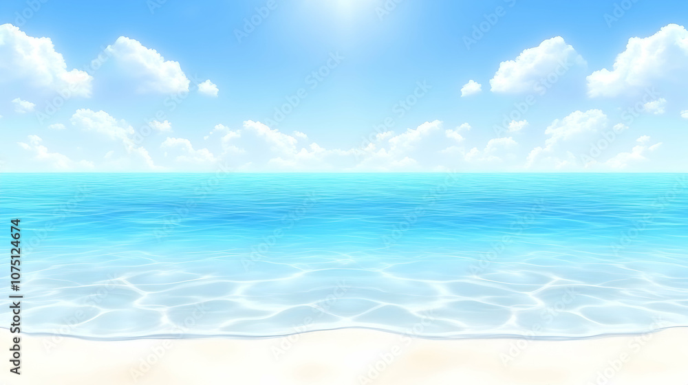 Fototapeta premium Tranquil Beach Scene with Crystal Clear Water and Blue Sky, ocean, sea, clouds, sand, summer