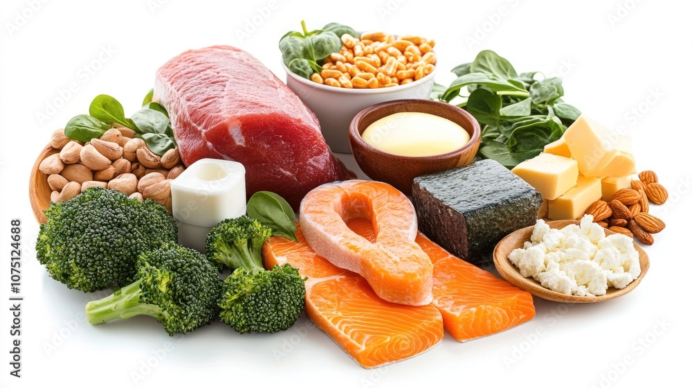 A variety of high-protein foods including meats, fish, dairy products, nuts, and legumes displayed on a white background, representing healthy dietary options. A variety of high-protein foods including meats, fish, dairy products, nuts, and legumes displayed on a white background, representing healthy dietary options.