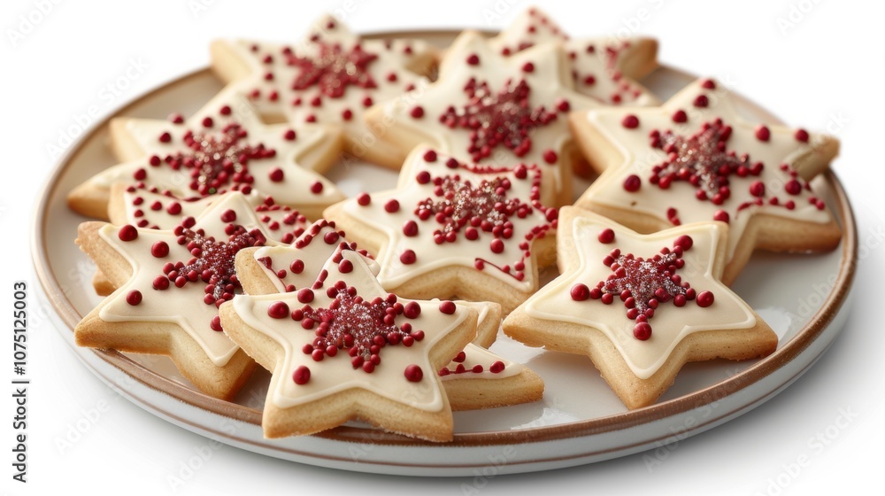 A plate of freshly baked Christmas cookies shaped like stars and trees, isolated on white A plate of freshly baked Christmas cookies shaped like stars and trees, isolated on white