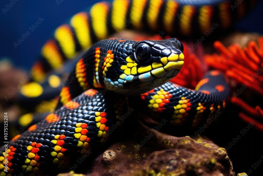 A close-up view of a banded sea snake coiled gracefully around a coral reef, showcasing its striking black and yellow bands A close-up view of a banded sea snake coiled gracefully around a coral reef, showcasing its striking black and yellow bands