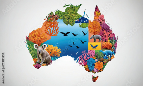 A colorful illustration of Australia featuring native animals, plants, and the Australian flag