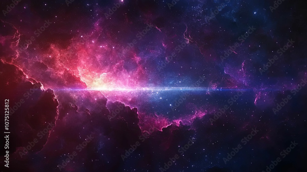 Fototapeta premium Cosmic Nebula with Glowing Stars and a Bright Light Beam