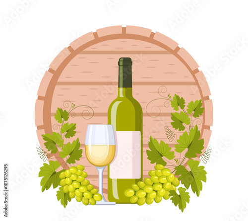 Barrel, bottle, glass of white wine and grape branch with bunches of grapes and leaves. Concept of winemaking, production and sale of wine, growing grapes. Vector vintage pattern for menus and labels.