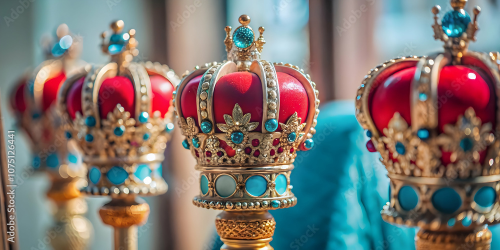 Naklejka premium Detailed Close Up of Reyes Magos Ceremonial Scepters Highlighting Ornate Designs and Symbolic Significance Perfect for Magazine Advertisements or Banners with Copy Space
