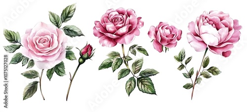  Set watercolor elements of roses, peonies collection garden pink flowers, leaves, branches, Botanic illustration