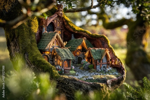 A miniature village nestled within a hollowed out tree trunk. photo