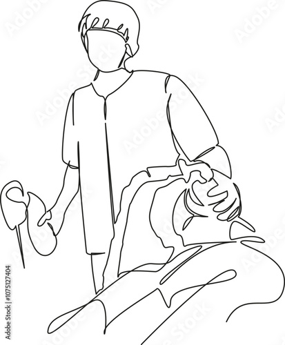 One continuous single drawing line art flat doodle surgery, operating room, horizontal, hospital, people, anesthetic, healthcare and medicine, anesthesiologist, doctor. Isolated image hand draw contou