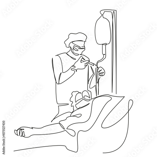 One continuous single drawing line art flat doodle doctor, hospital, patient, surgery, person, surgeon, nurse, adult, anaesthesia, horizontal. Isolated image hand draw contour on a white background, h photo