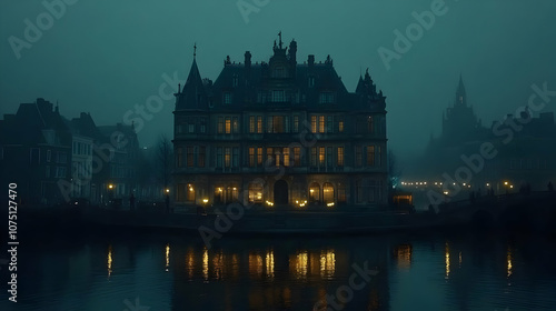 Photo Night Fog Canal City Lights Reflection Building Architecture Dark Moody Eerie Amsterdam Netherlands Europe