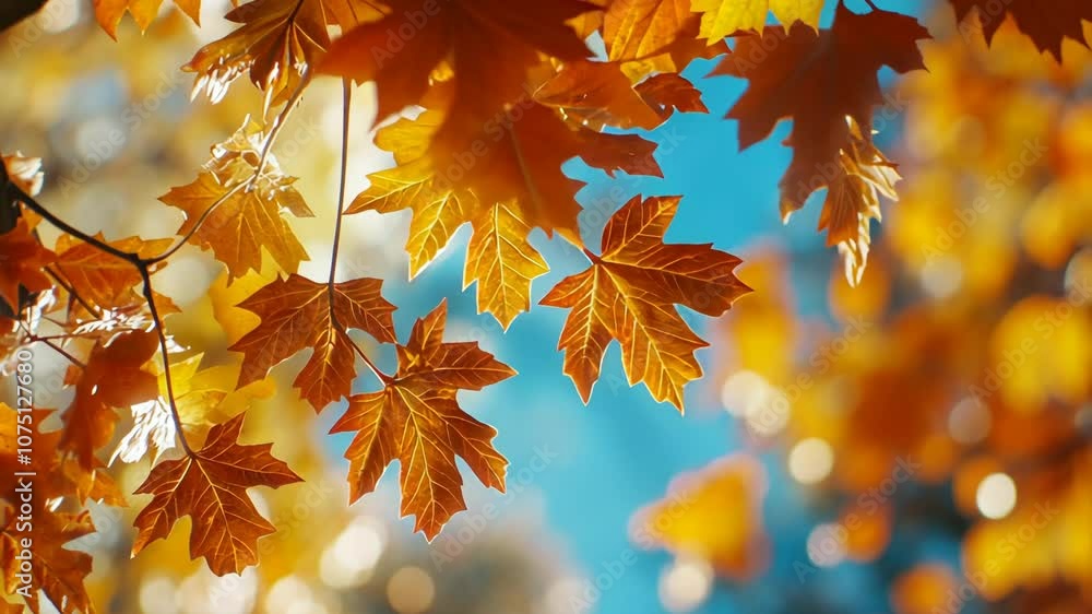 Golden leaves dangle from a branch against a bright blue sky, signaling the arrival of autumn