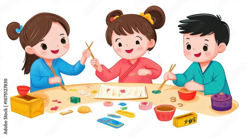 Children engaged in a fun, creative art activity using colorful materials. Children engaged in a fun, creative art activity using colorful materials.