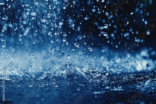 A dynamic shot of rain falling against a rich blue backdrop, with droplets suspended mid-air and others hitting the surface below. The image captures the essence of nature's rainfall photo